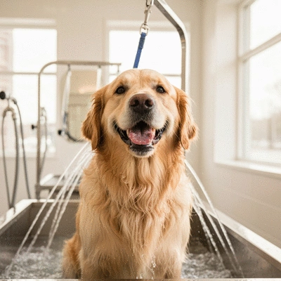 A happy dog enjoying an aquatic massage session, water jets gently massaging its fur, in a professional grooming salon setting, no text, no words, no typography, clean image