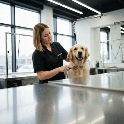 Groomer brushing a dog gently, close up on their hands and the dog's soft fur, in a professional grooming salon