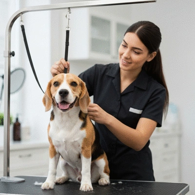 Happy dog being groomed by a professional, no text, no words, no typography, clean image
