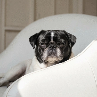 Un chien heureux et propre après un soin de spa canin, avec des accessoires de toilettage en arrière-plan, lumière naturelle, no text, no words, no typography, 8K