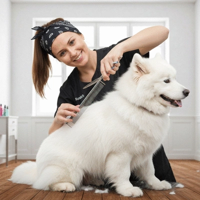 Groomer styling a dog's fur with scissors and comb, clean background