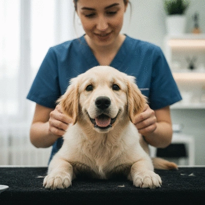 Cute puppy being gently brushed by a person, calm and happy expression, in a professional grooming setting, no text, no words, no typography, no labels, clean image