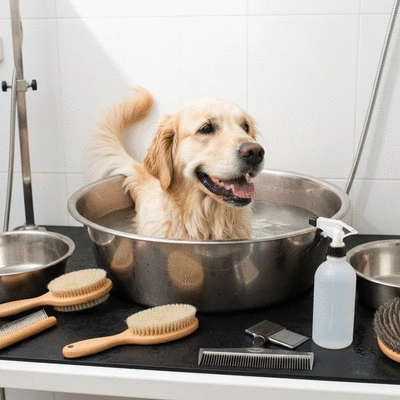 Happy dog receiving a bath and gentle grooming, surrounded by professional grooming tools, bright and clean environment, no text, no words, no typography, clean image