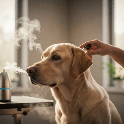 Calm dog receiving aromatherapy during grooming