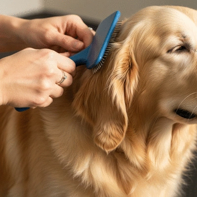 Dog being groomed with hypoallergenic products, close up on soft fur and gentle hands, clean image, no text, no words, no typography, 8K