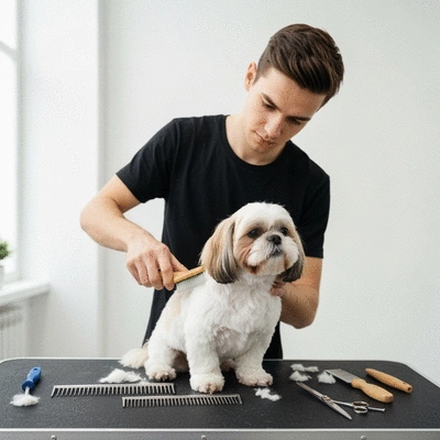 Professional dog groomer styling a small dog, clean salon background, focus on interaction, no text, no words, no typography, 8K
