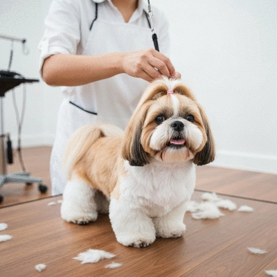 Happy long-haired dog being groomed, clean and bright environment, no text, no words, no typography, no labels, clean image