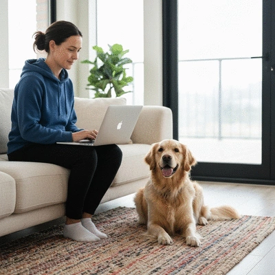 Person using a laptop to book a pet grooming appointment online, with a happy dog nearby