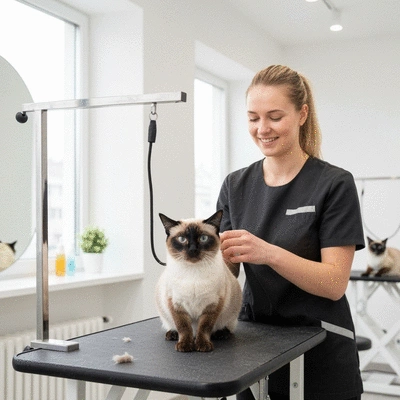Professional cat groomer interacting with a happy cat in a clean, modern grooming salon, natural light