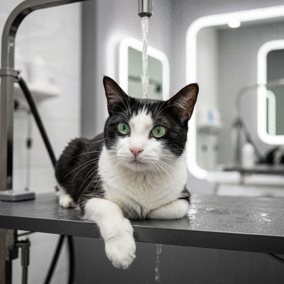 Professional groomer gently massaging a cat during an hydromassage session