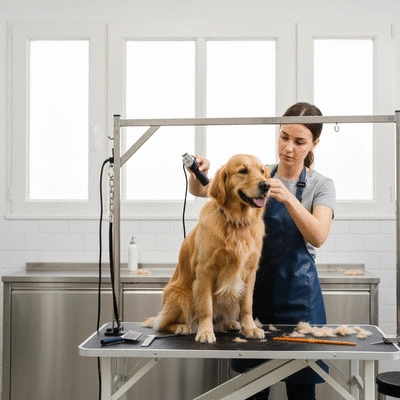 Groomer using professional dog grooming tools to groom a dog, clean, bright environment, no text, no words, no typography, 8K