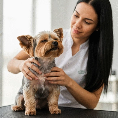 Happy dog being pampered with a gentle massage by a groomer, clean background, no text, no words, no typography, no labels, clean image