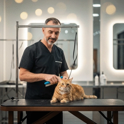 Groomer gently brushing a calm cat, warm lighting, professional setting