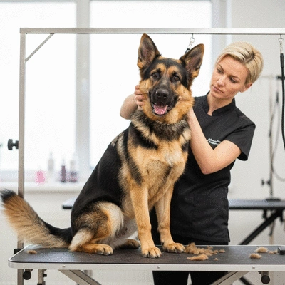 Happy dog being groomed by a professional, clean and bright environment