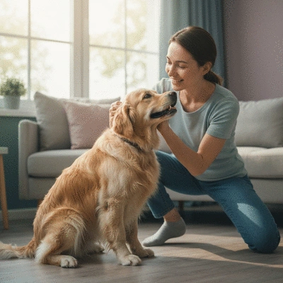 Pet owner happily interacting with their freshly groomed dog, clean image, no text, no words, no typography