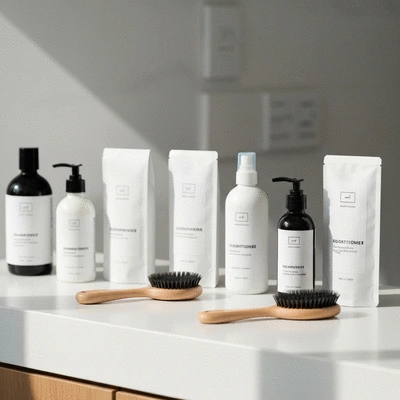 Assortment of cat grooming products like shampoo, conditioner, and brushes on a clean counter, no text, no words, no typography, no labels, clean image