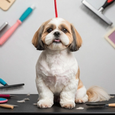 Happy dog after a grooming session with grooming tools in the background