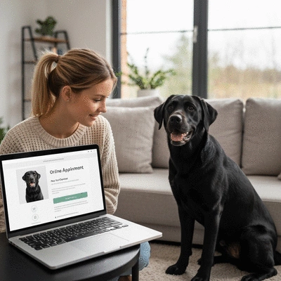 Owner making an online appointment for pet grooming on a laptop, with a happy dog by their side