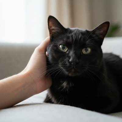 Gros plan d'une main caressant doucement le pelage d'un chat propre et bien toiletté