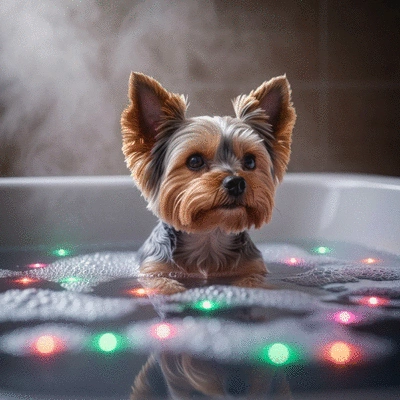 Dog relaxing in a spa bath with colorful lights