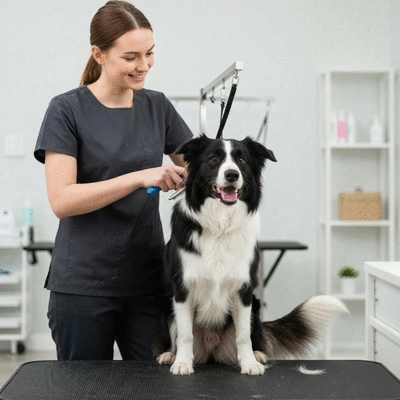 Gros plan d'un chien heureux se faisant brosser le pelage par un toiletteur, lumière naturelle, no text, no words, no typography, clean image