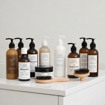 Grooming products for pets, such as shampoo, conditioner, and brushes, arranged neatly on a clean surface, emphasizing ethical and eco-friendly choices, no text, no words, no typography, no labels, clean image