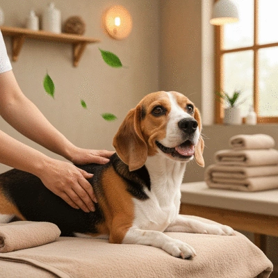 Chien détendu recevant un massage dans un spa canin, avec des mains professionnelles massant doucement sa fourrure, environnement propre et apaisant, no text, no words, no typography, 8K, natural lighting