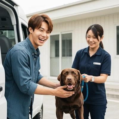 A pet owner happily greeting their dog being returned by a professional pet transport service, showing convenience and trust, no text, no words, no typography, 8K, natural lighting