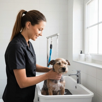 Professional groomer giving a dog a bath at home