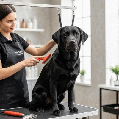 Dog enjoying a professional grooming session, looking clean and happy