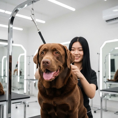 Happy dog being brushed by a groomer, clean and modern grooming salon, no text, no words, no typography, 8K