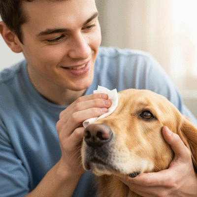 Gros plan d'une personne nettoyant les yeux d'un chien avec une lingette douce, ambiance chaleureuse et apaisante, no text, no words, no typography, 8K