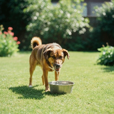 Un chien se rafraîchissant avec un bol d'eau fraîche, en extérieur, lumière du soleil, no text, no words, no typography, clean image