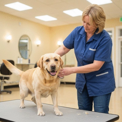 Groomer gently brushing a happy dog's fur in a clean, professional salon environment