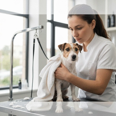 Professional dog groomer delicately drying a small dog with a towel after a bath, clean image, no text, no words, no typography, 8K