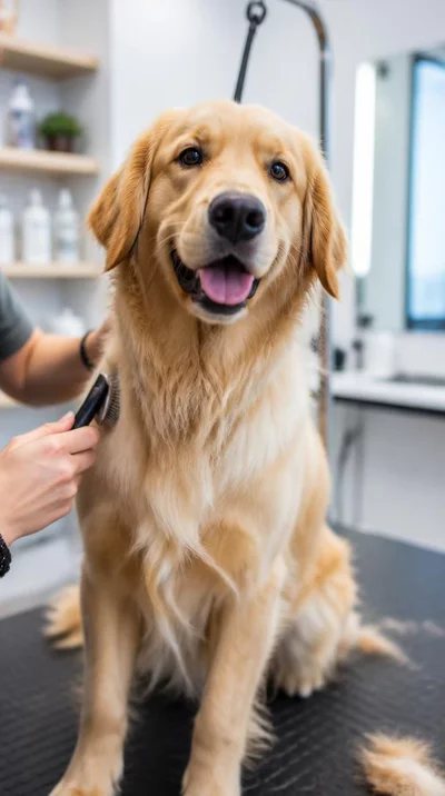 Dog getting groomed, happy and relaxed