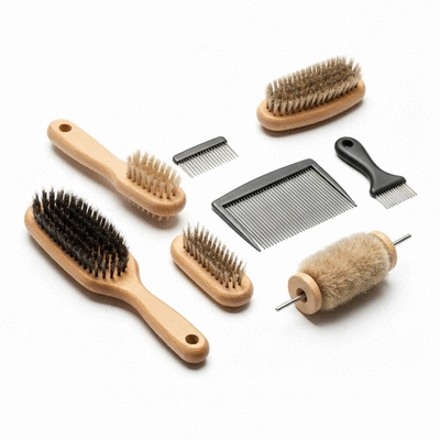 Grooming tools for cats, such as brushes, combs, and natural demattings on a clean background, no text, no words, no typography, clean image