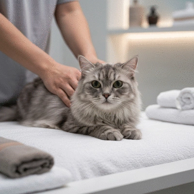 A cat receiving a relaxing massage from human hands in a spa setting