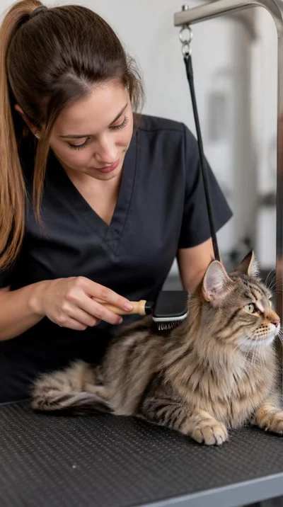 Groomer gently brushing a cat with soft tools in a calm environment