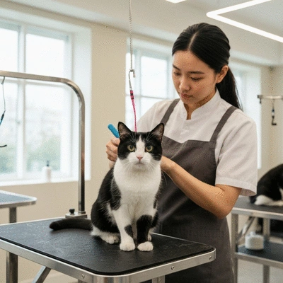 A happy cat receiving grooming from a professional groomer, in a clean, brightly lit professional grooming salon, no text, no words, no typography, no labels, clean image