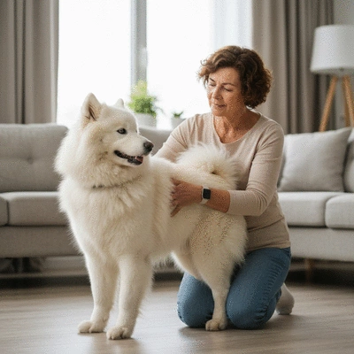 Owner gently brushing their dog's fur, creating a bond, no text, no words, no typography, clean image