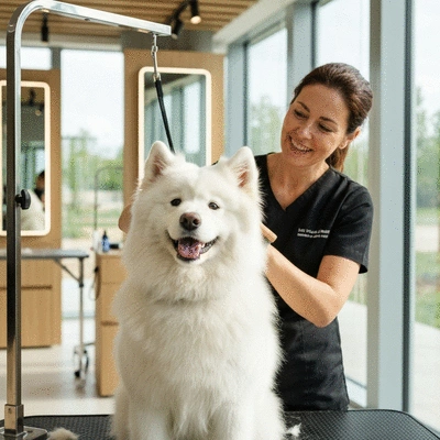 Happy dog being groomed by a professional, clean and well-lit salon, focus on dog's well-being