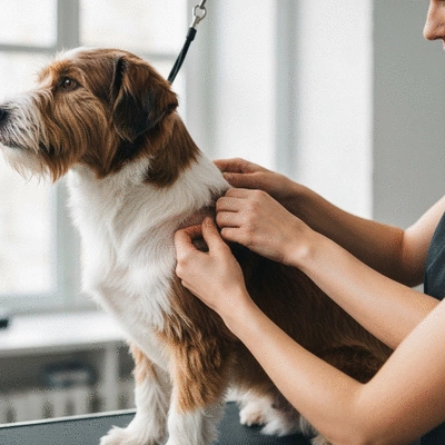 Gros plan sur un toiletteur examinant la peau d'un chien pendant une séance de toilettage