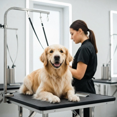 Happy dog being pampered at a grooming salon, clean and bright environment, professional groomer, no text, no words, no typography, 8K