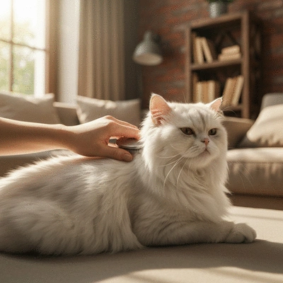 Chat détendu se faisant brosser le pelage par son propriétaire