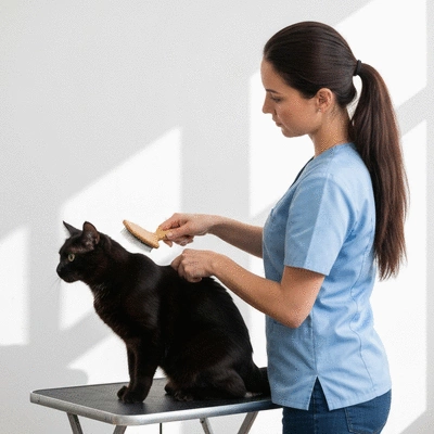 Groomer gently brushing a cat's fur, focusing on a healthy, shiny coat
