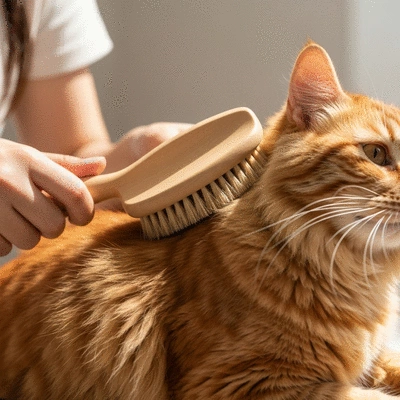 Person using a grooming brush on a cat's fur, close up, soft lighting