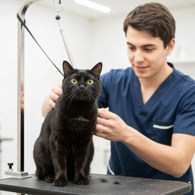 A cat being gently groomed by a professional, showing a calm and relaxed feline, soft lighting, no text, no words, no typography, no labels, clean image