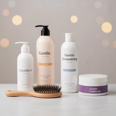 Produits de toilettage doux pour chat sur une surface propre