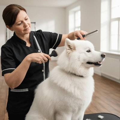 Groomer tending to a dog's fur with grooming tools